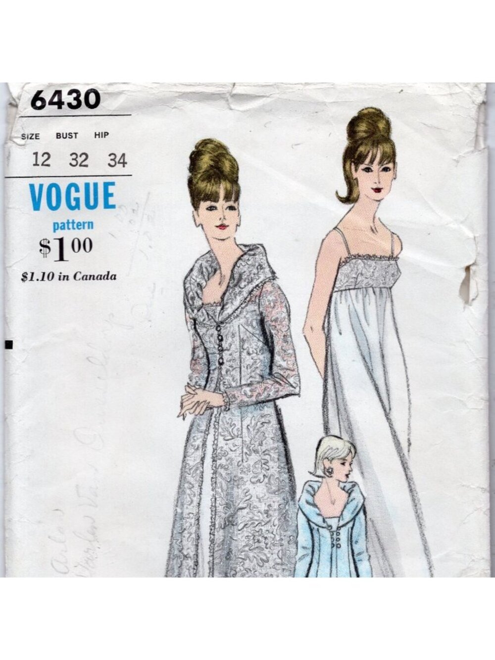 60s Vogue 6430 Nightgown & Robe Vintage Sewing Pattern Size 12 Bust 34 Uncut